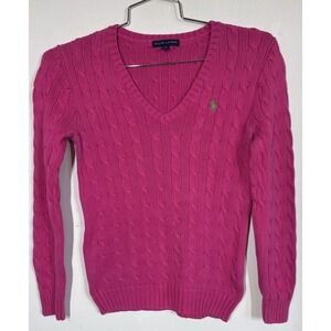 Polo Ralph Lauren Hot Pink Cable Knit V-Neck Sweater Women's M Green Pony Cotton